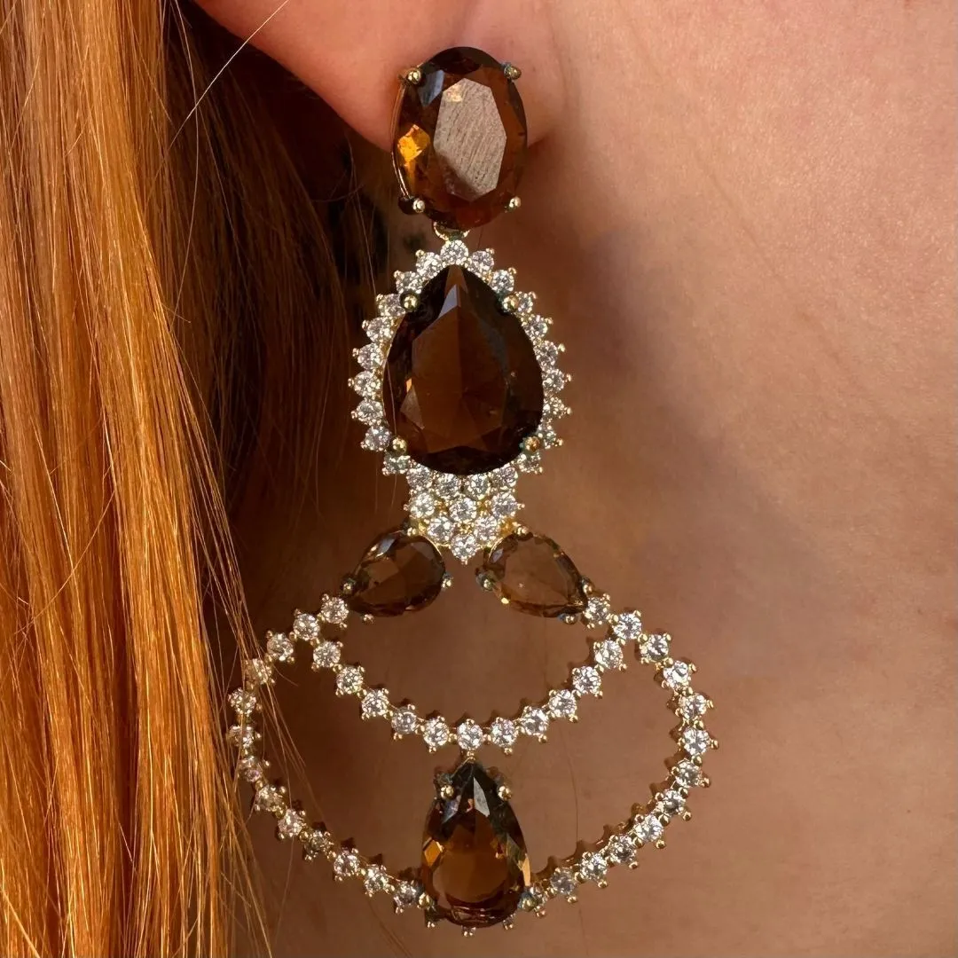 BRINCO QUARTZO SMOKEY E ZIRCONIAS BRANCAS - BANHO OURO 18K