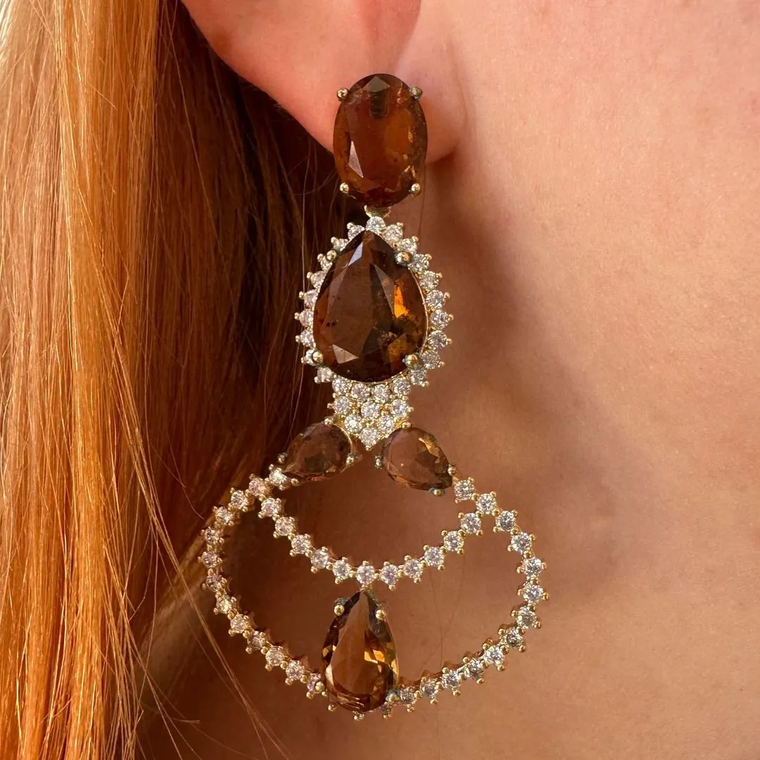 BRINCO QUARTZO SMOKEY E ZIRCONIAS BRANCAS - BANHO OURO 18K
