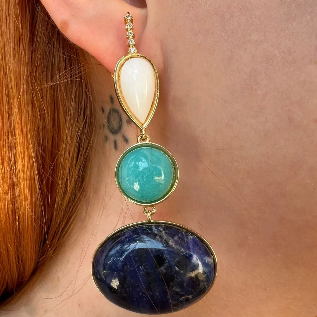 BRINCO PEDRAS NATURAIS AZUL E BRANCA - BANHO OURO 18K
