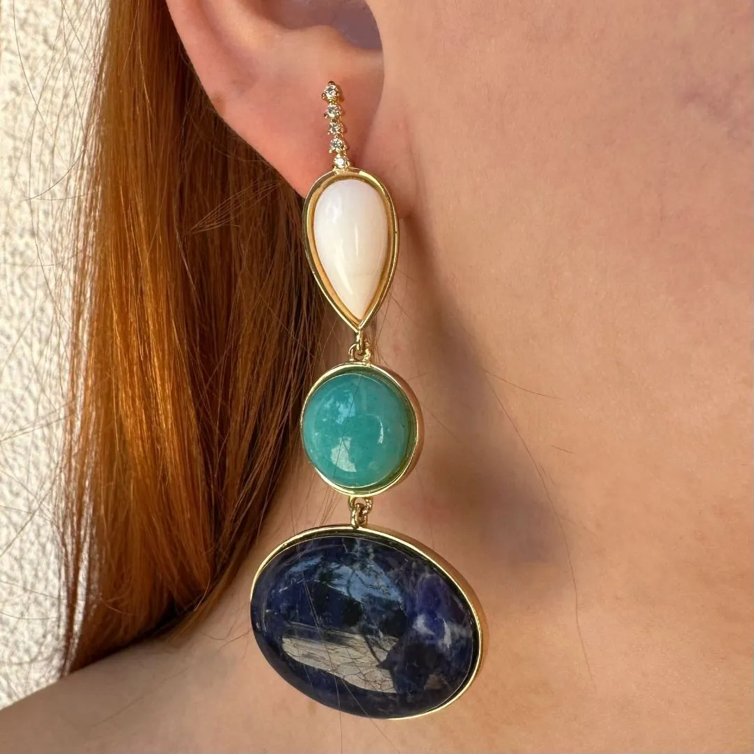 BRINCO PEDRAS NATURAIS AZUL E BRANCA - BANHO OURO 18K