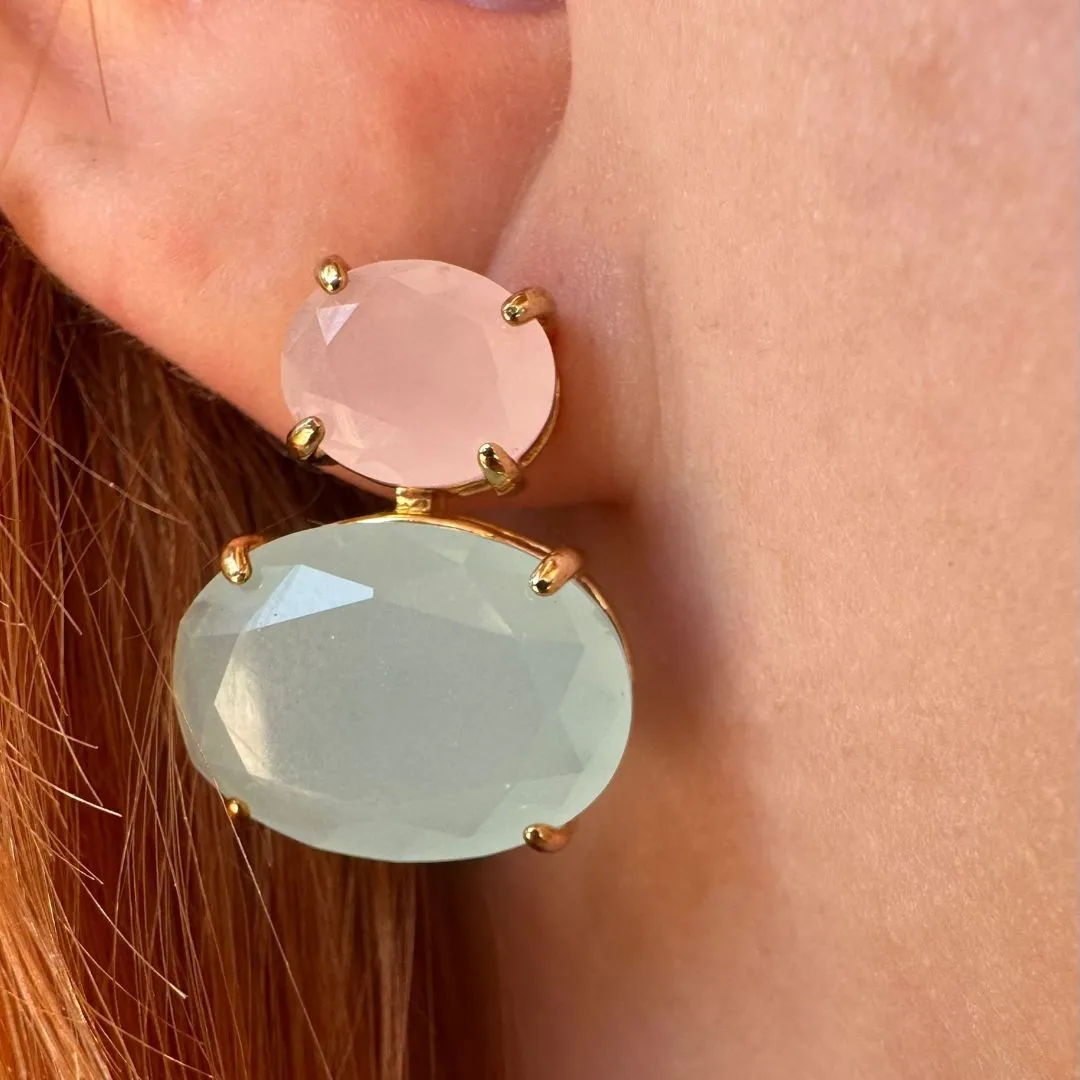 BRINCO OVAL DUPLO QUARTZO - BANHO OURO 18K
