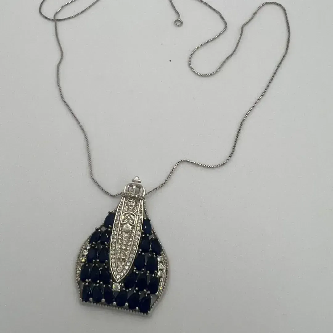 COLAR NOSSA SENHORA APARECIDA - CRISTAL AZUL -  MICROZIRCONIAS BRANCAS - PRATA 925