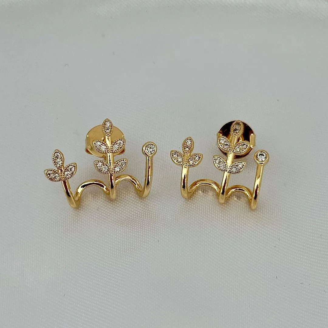 BRINCO FOLHAS - ZIRCONIA BRANCAS - BANHO OURO 18K