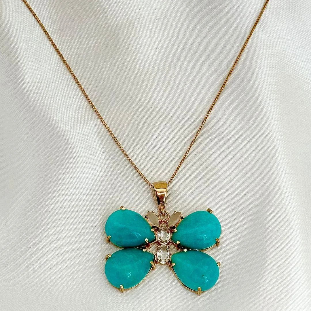COLAR AMAZONITA - BORBOLETA - BANHO OURO 18K