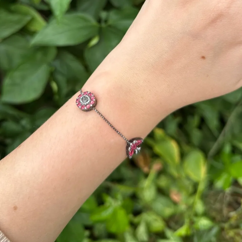 PULSEIRA REGULAVEL - FLOR ESPIRITO SANTO - RUBY - BANHO RODIO NEGRO