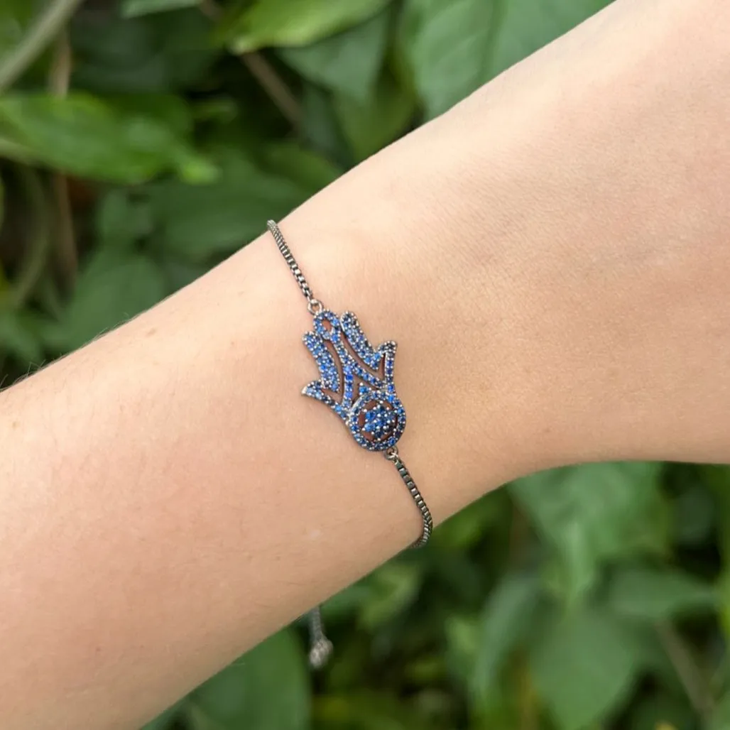 PULSEIRA REGULAVEL - MÃO DE FATIMA - BANHO RODIO NEGRO