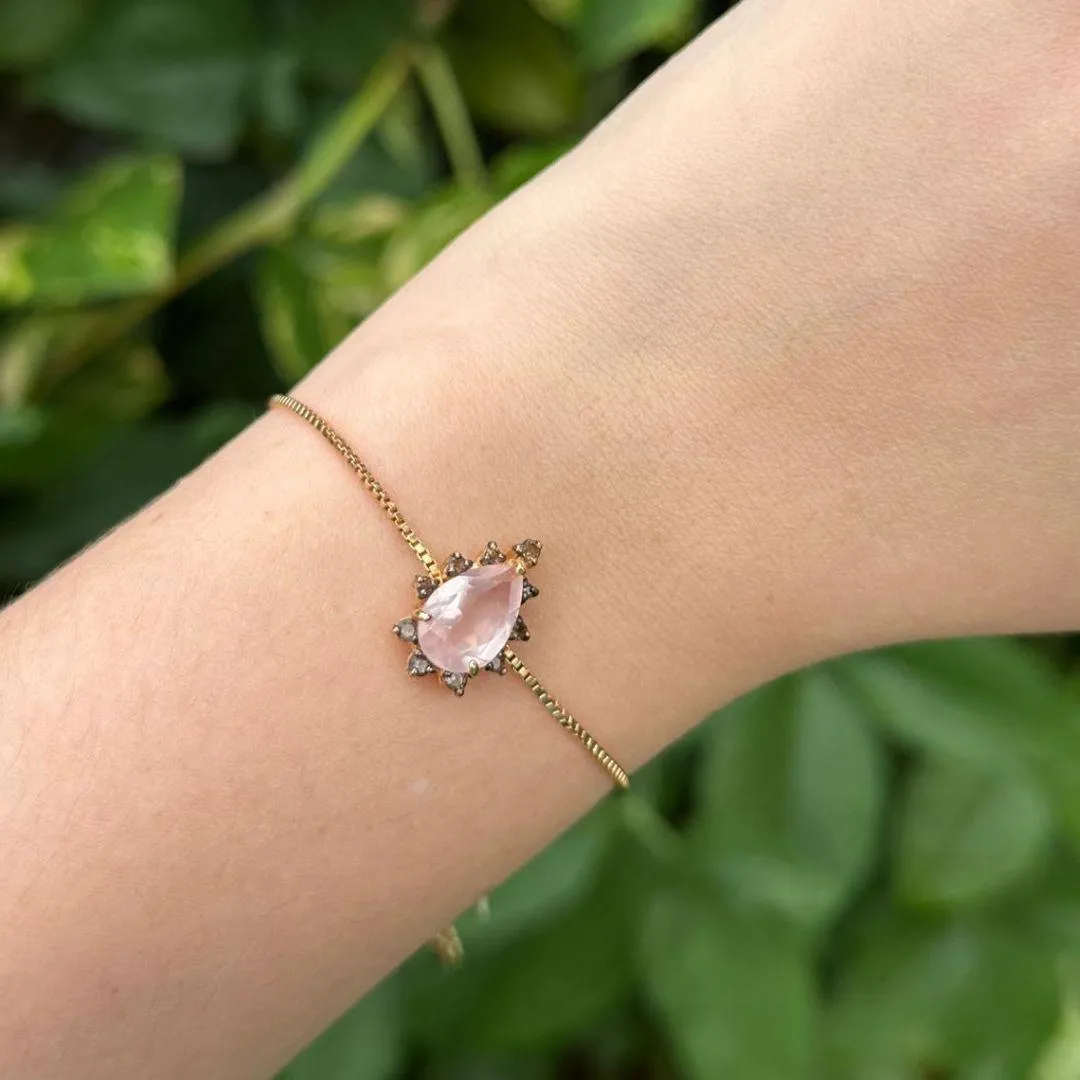 PULSEIRA REGULÁVEL - GOTA QUARTZO ROSA - BANHO OURO 18K
