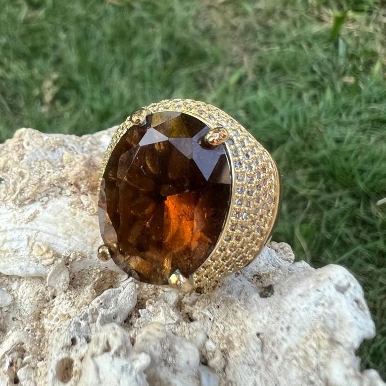 ANEL QUARTZO SMOKEY - BANHO OURO 18K