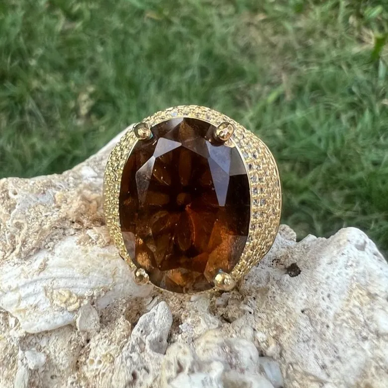 ANEL QUARTZO SMOKEY - BANHO OURO 18K