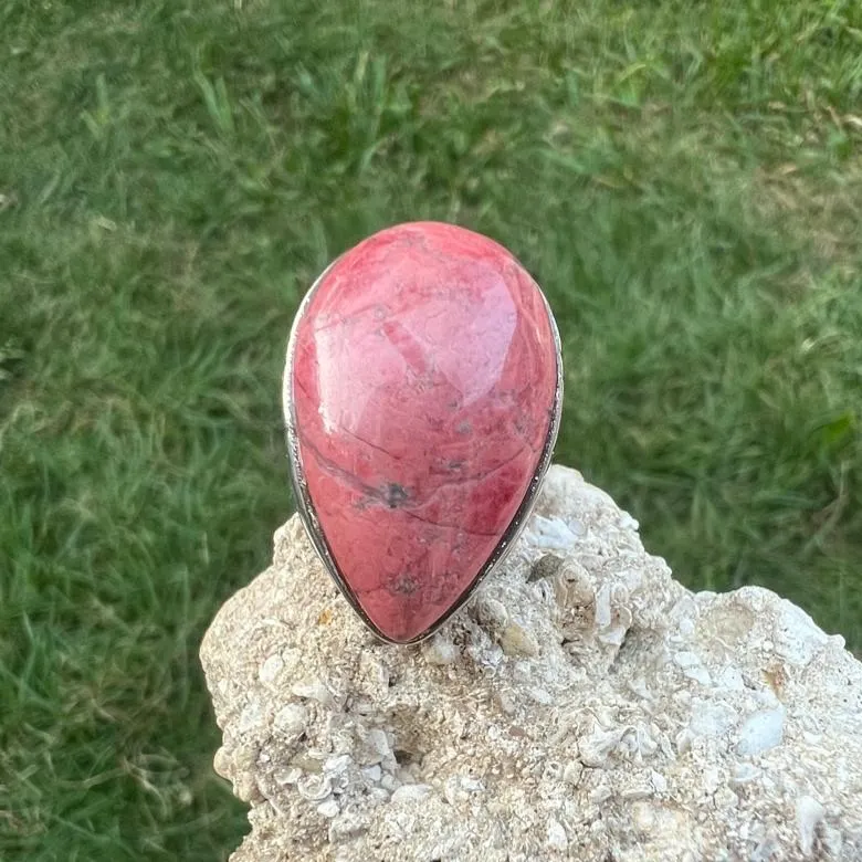 ANEL GORA PEDRA ROSA GOTA - PRATA 925
