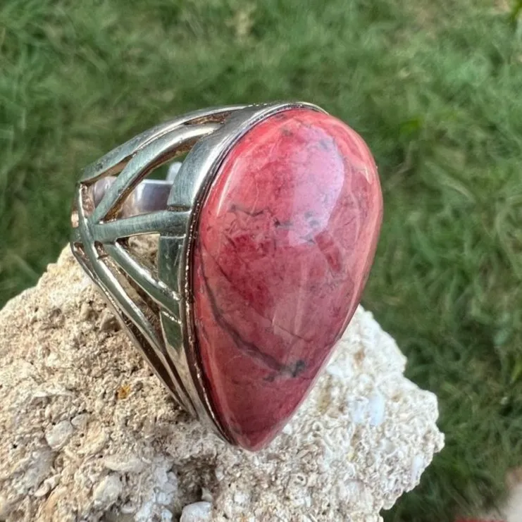 ANEL GORA PEDRA ROSA GOTA - PRATA 925