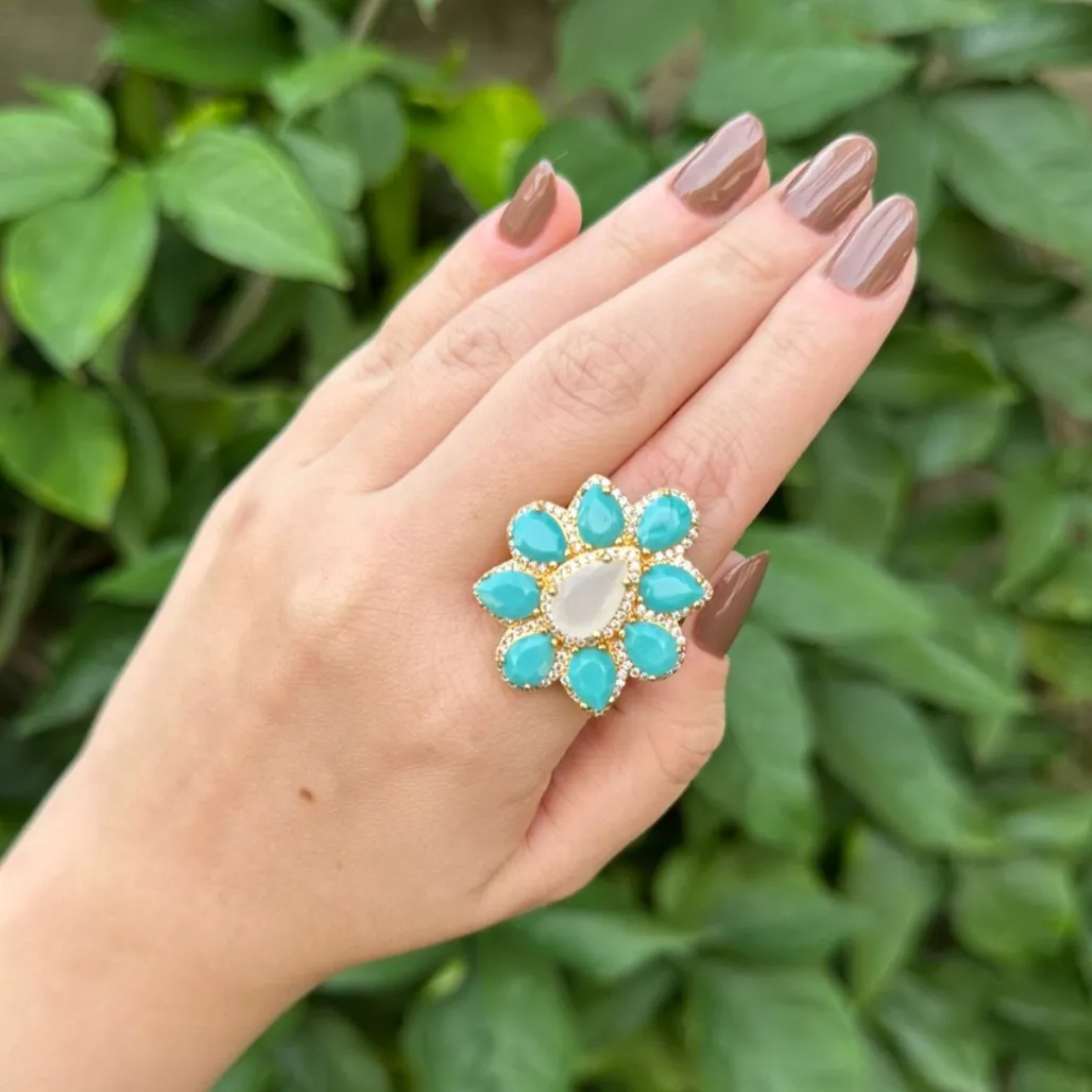 ANEL GOTAS - PEDRA TURQUESA - CRAVEJADO COM MICROZIRCONIAS - BANHO OURO 18K