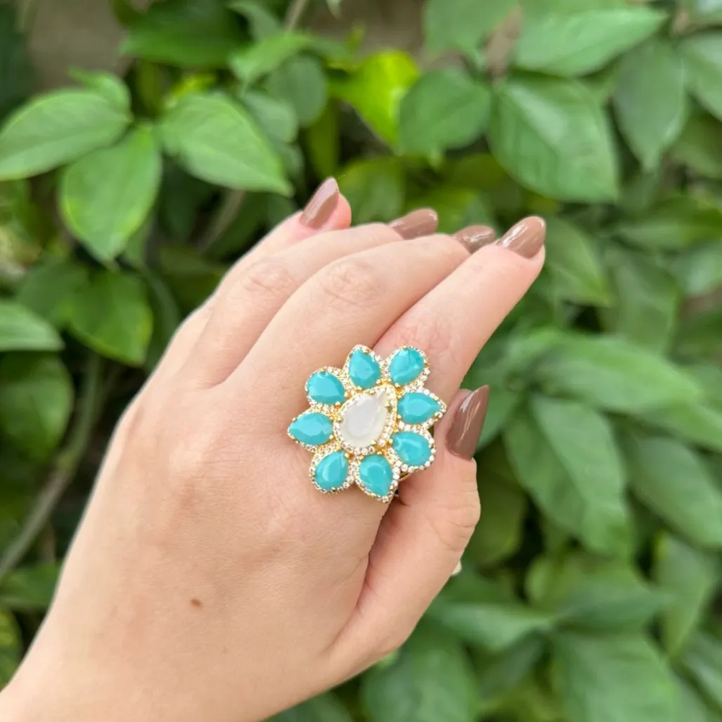 ANEL GOTAS - PEDRA TURQUESA - CRAVEJADO COM MICROZIRCONIAS - BANHO OURO 18K