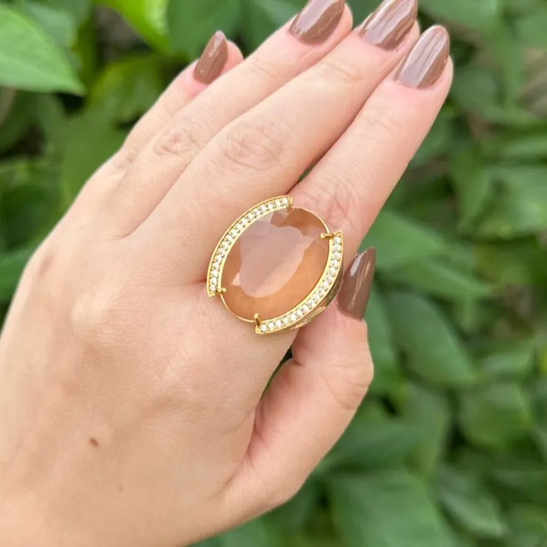 ANEL - PEDRA TOPAZIO IMPERIAL - CRAVEJADO DE ZIRCONIAS - BANHO OURO 18K