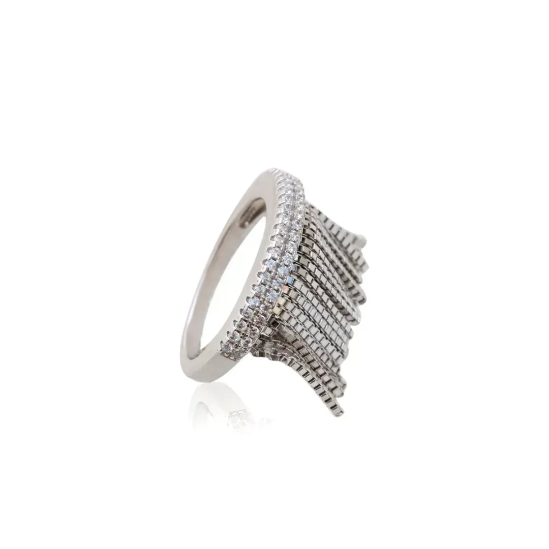 ANEL CRAVEJADO DE ZIRCONIAS BRANCAS - FRANJAS - BANHO RÓDIO BRANCO