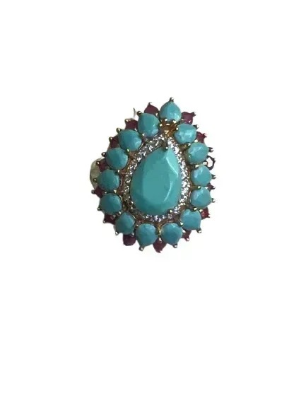 ANEL NANO TURQUESA RUBY - CRAVEJADO DE ZIRCONIAS BRANCAS -  BANHO DE OURO 18K