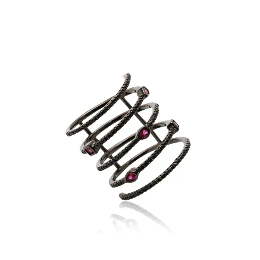 ANEL CRAVEJADO DE ZIRCONIAS NEGRAS - CRISTAL RUBI -  BANHO RODIO NEGRO