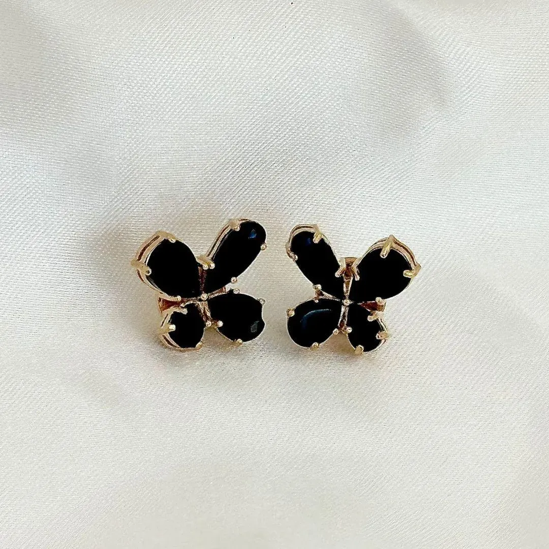 BRINCO CRISTAL ONIX - BORBOLETA - BANHO OURO 18K