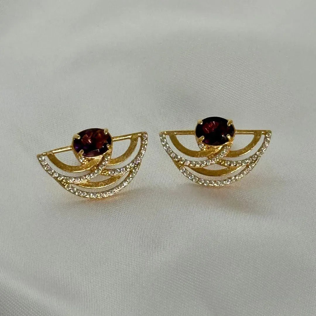 BRINCO LEQUE - PEDRA LILAS E ZIRCONIAS - BANHO OURO 18K