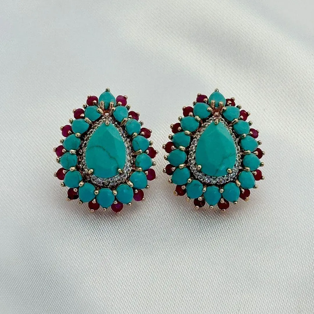 BRINCO GOTA NANO TURQUESA RUBY -  CRAVEJADO ZIRCONIAS - BANHO DE OURO 18K