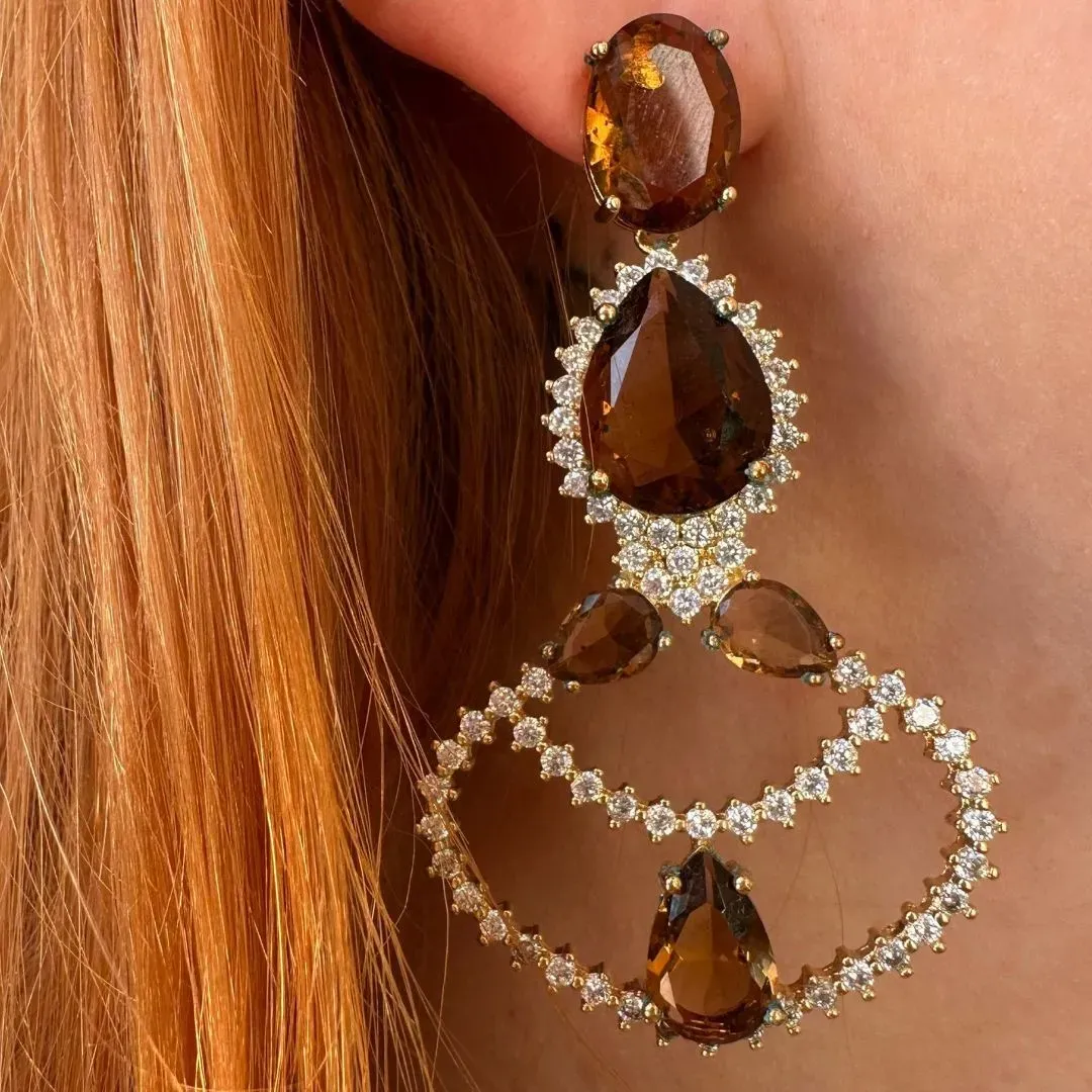 BRINCO QUARTZO SMOKEY E ZIRCONIAS BRANCAS - BANHO OURO 18K