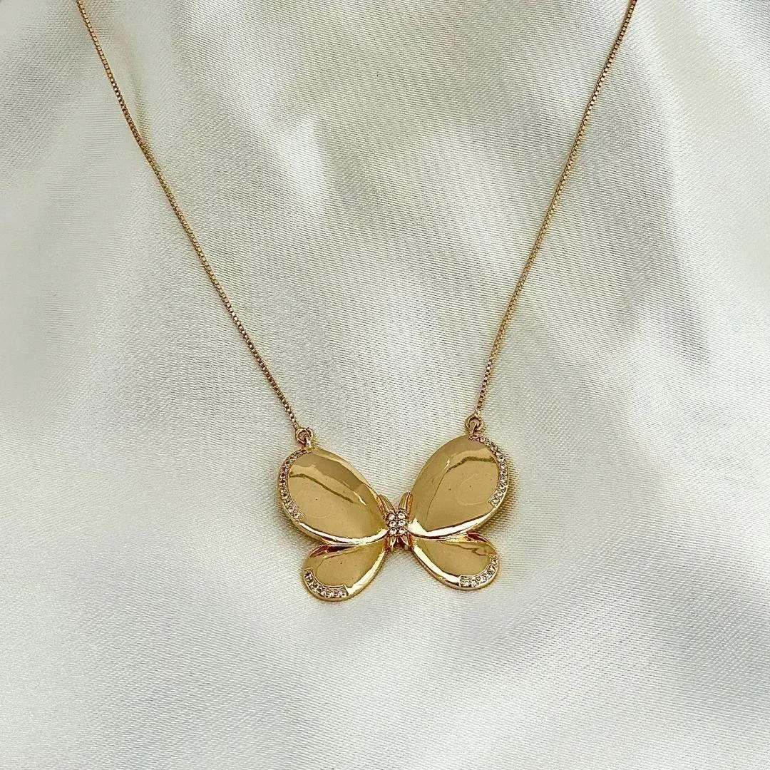 COLAR BORBOLETA - ZIRCONIAS BRANCAS - BANHO OURO 18K