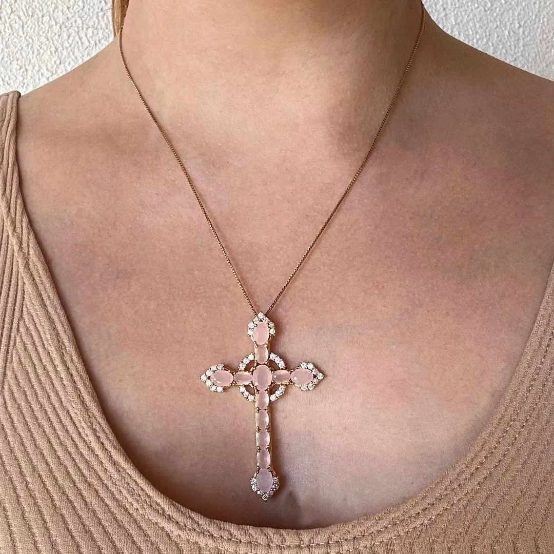 COLAR CRUZ - QUARTZO ROSA - BANHO OURO 18K
