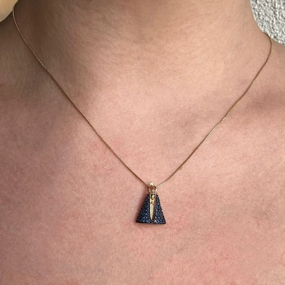 COLAR NOSSA SENHORA APARECIDA - ZIRCONIA AZUL - BANHO OURO 18K
