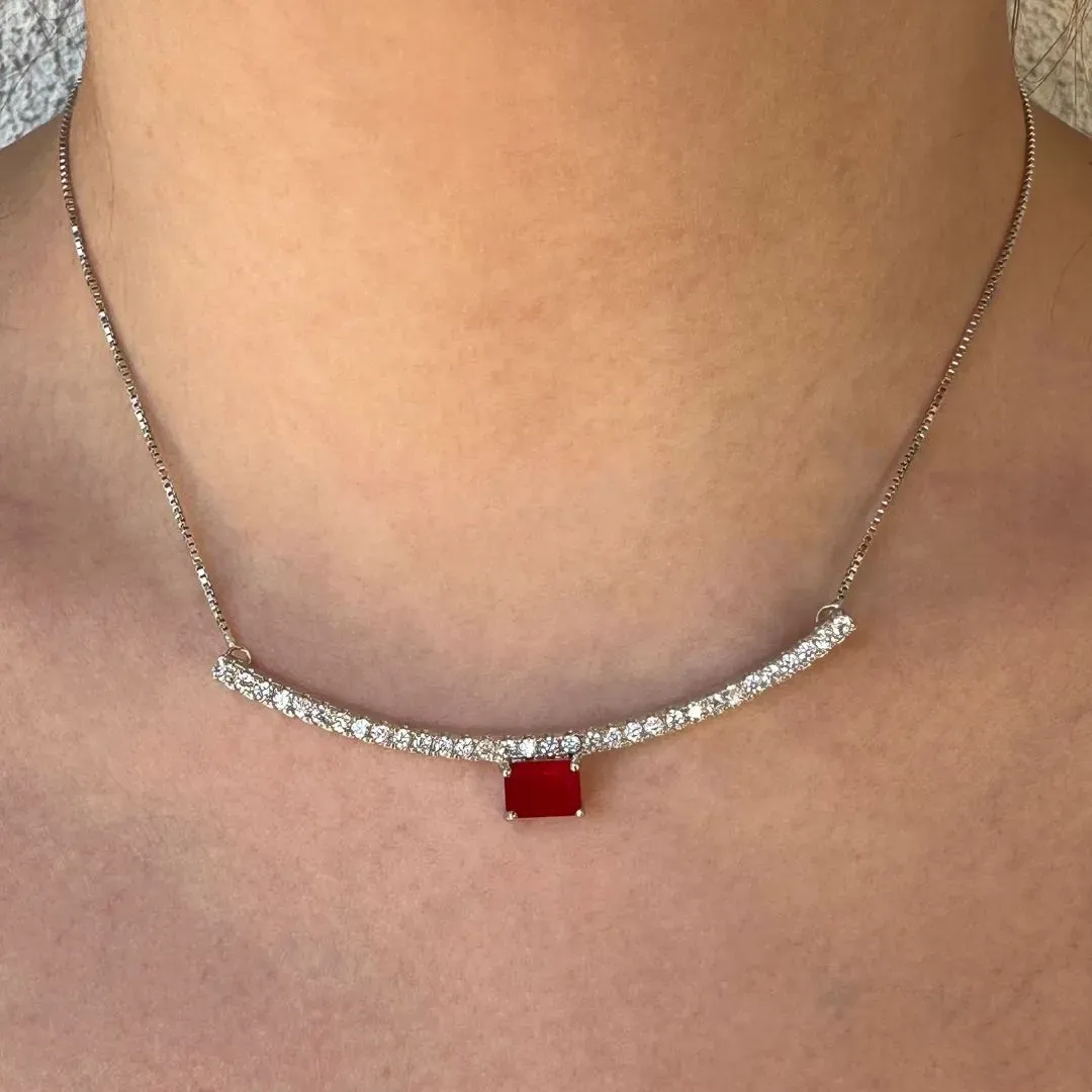 COLAR REGULÁVEL - CRISTAL RUBY COM ZIRCONIAS BRANCAS - BANHO RODIO BRANCO