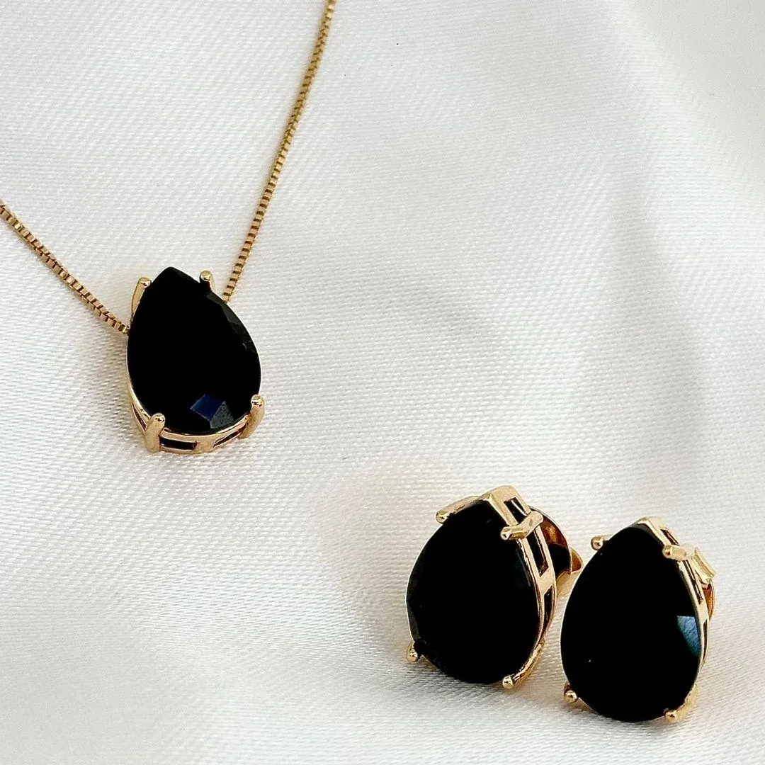 CONJUNTO GOTA ONIX - BANHO OURO 18K