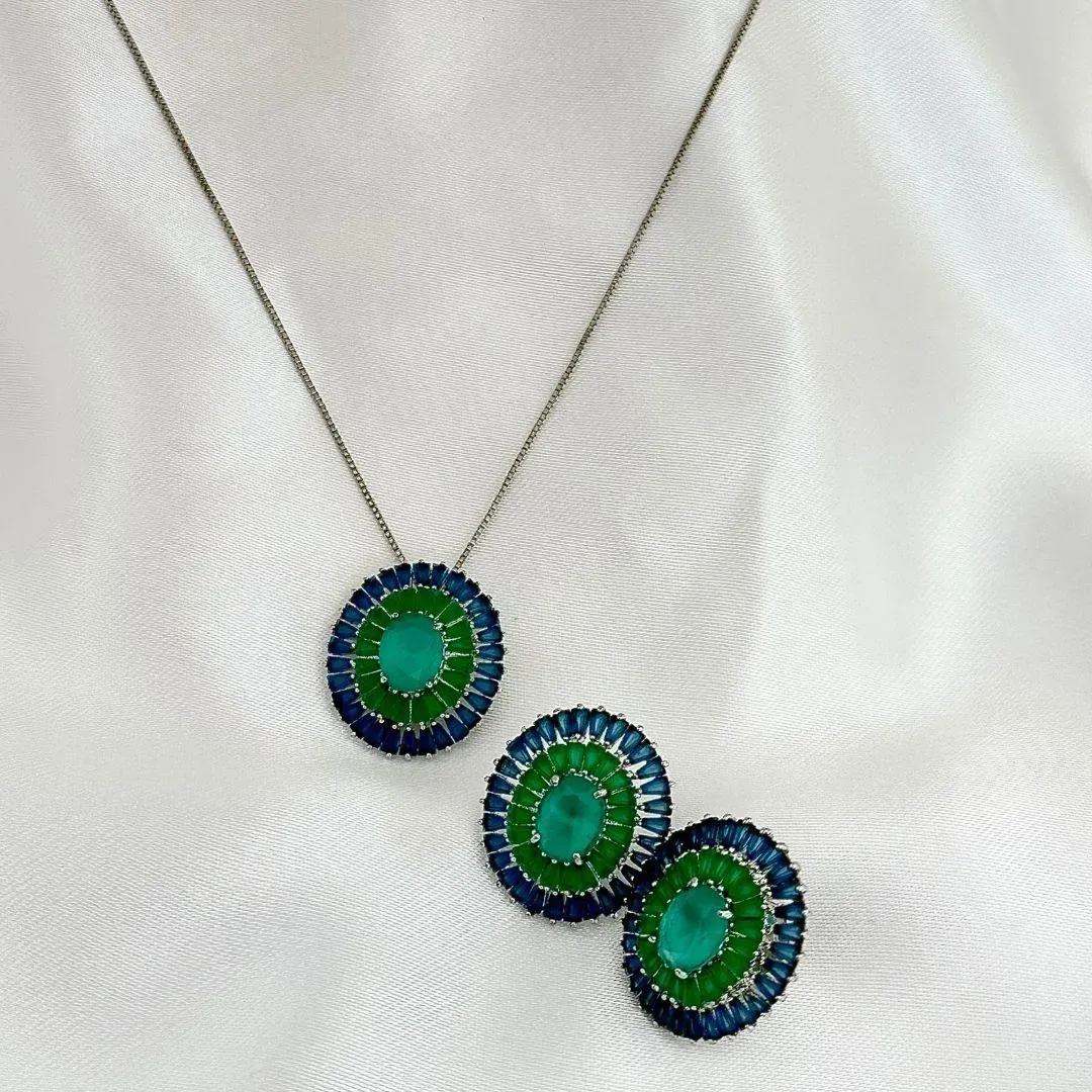 CONJUNTO MANDALA PEDRA AZUL E ESMERALDA - PRATA 925