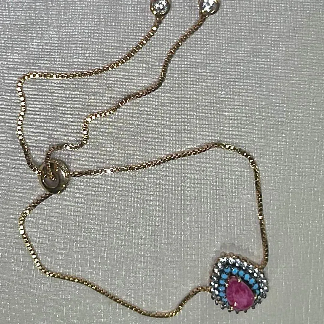 PULSEIRA REGULÁVEL - CRAVEJADA ZIRCONIAS - NANO TURQUESA - GOTA - BANHO OURO 18K