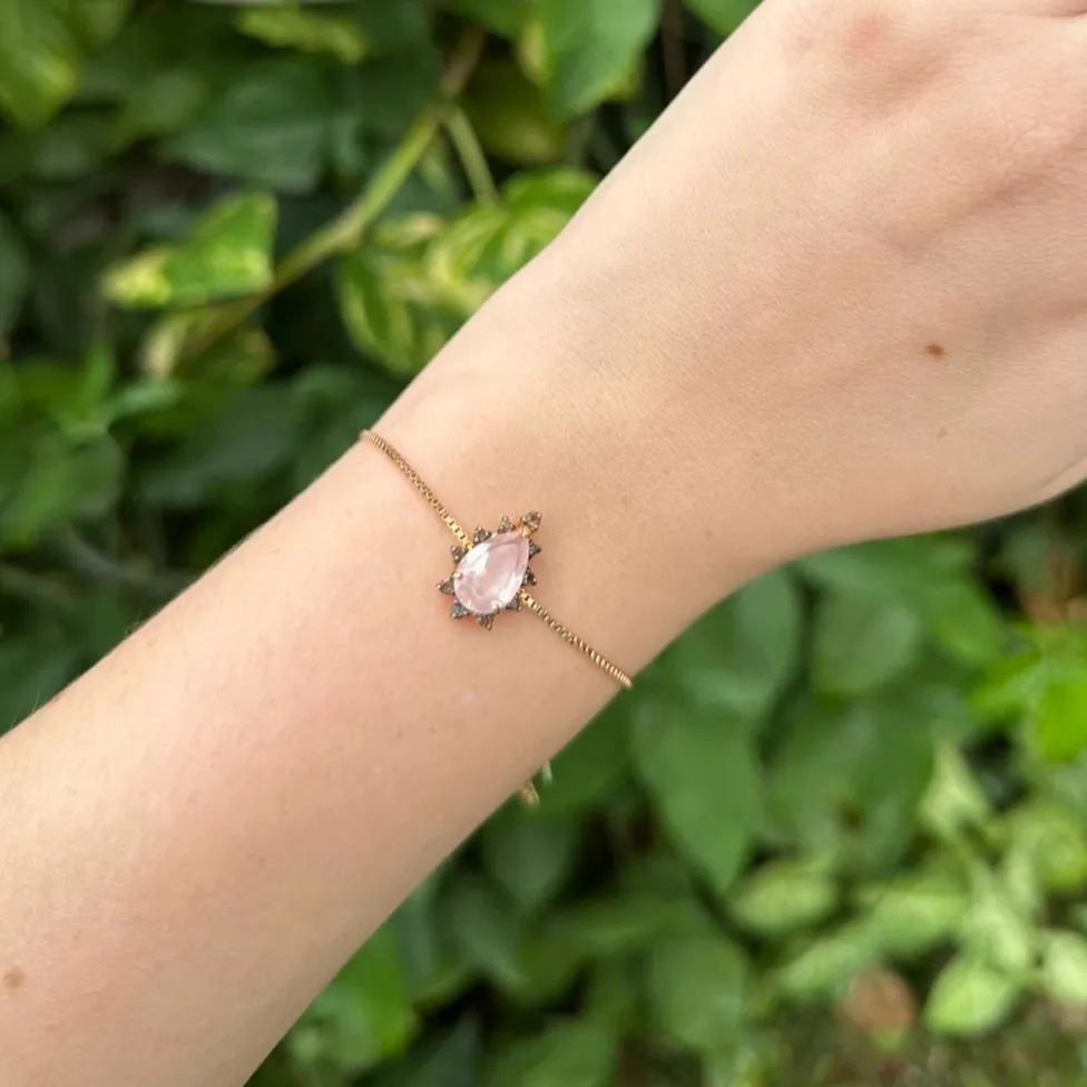 PULSEIRA REGULÁVEL - GOTA QUARTZO ROSA - BANHO OURO 18K