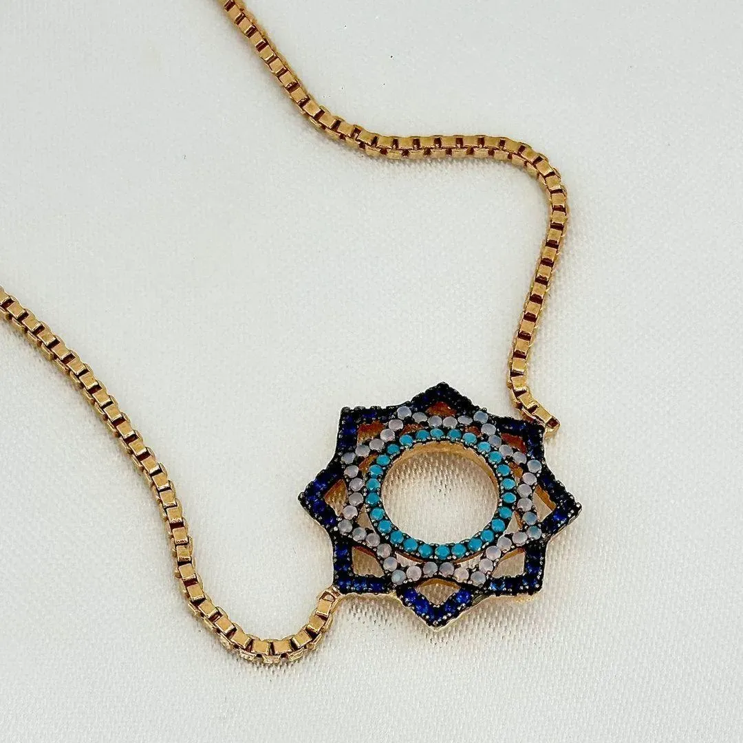 PULSEIRA REGULÁVEL - MANDALA  - CRAVEJADA ZIRCONIAS COLORIDAS - BANHO OURO 18K