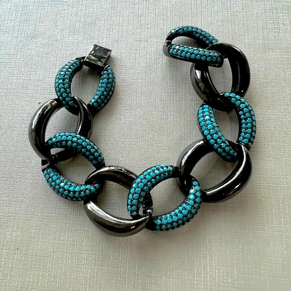 PULSEIRA ELOS NANO TURQUESA - BANHO RODIO NEGRO