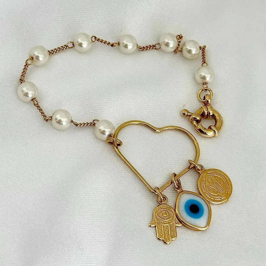 PULSEIRA PÉROLAS, CORAÇÃO, OLHO GREGO, MEDALHA SÃO BENTO - BANHO OURO 18K